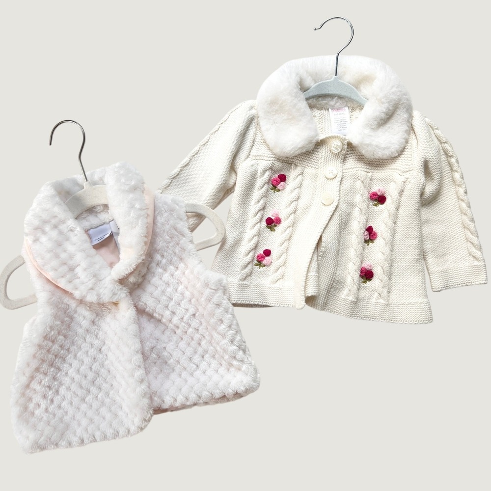 Gymboree Tahari Baby Girl 3-6M Bundle Faux Fur Vest Floral Cable Knit Cardigan
